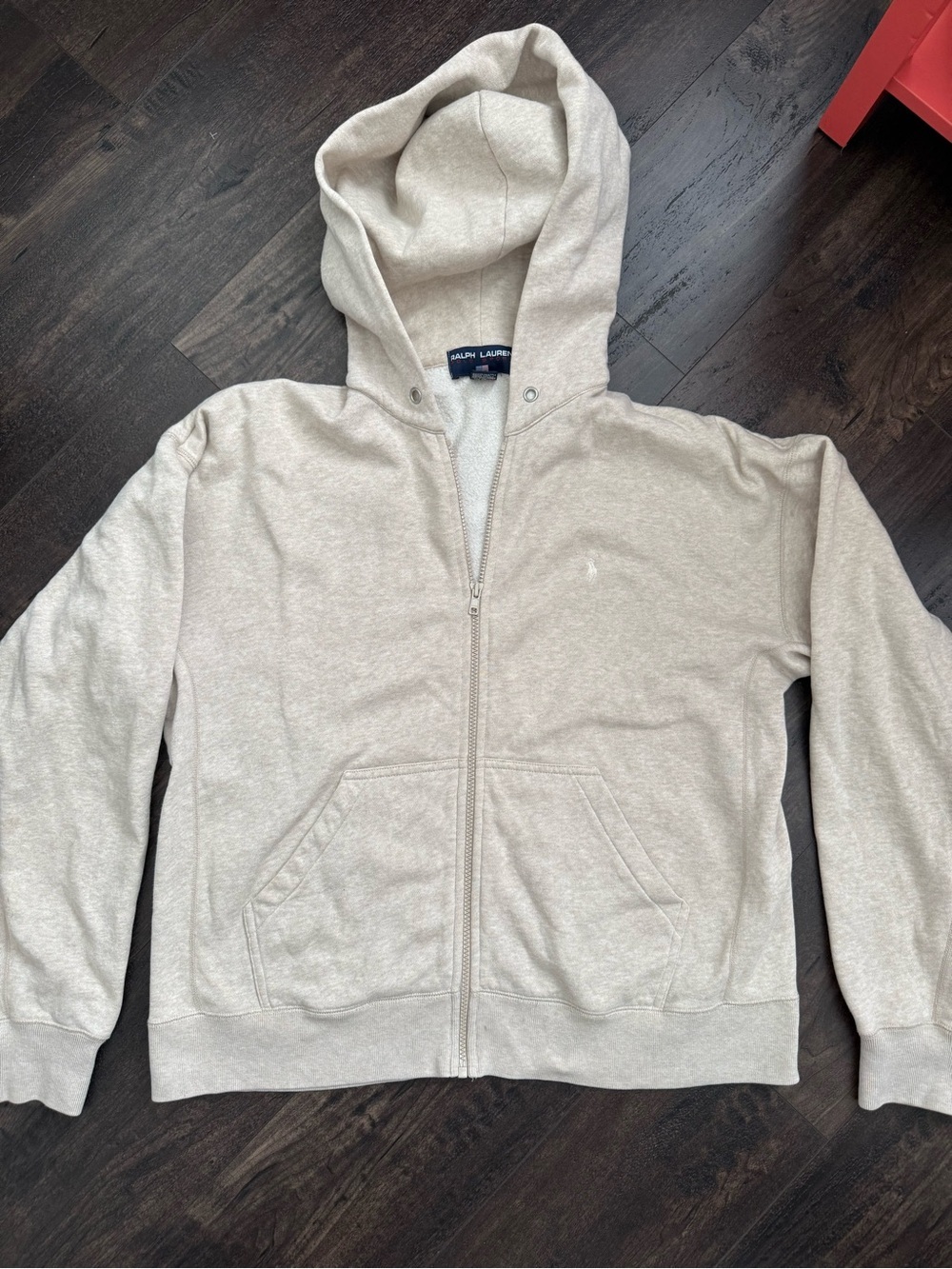Vintage Polo Sport Ralph Lauren Zip Hoodie Oatmeal Fleece USA Flag L Y2K